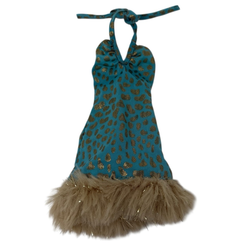 Barbie Fashion Fever Outfit Teal Blue & Gold Dress Faux Fur Halter Top Style Tie